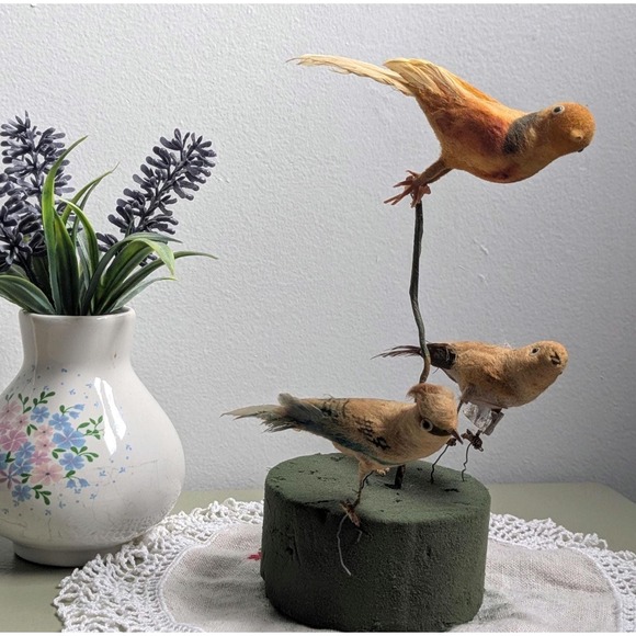 Other - Vintage Feather Birds Set of 3 Spun Cotton Floral Picks Woodland Bird Decor